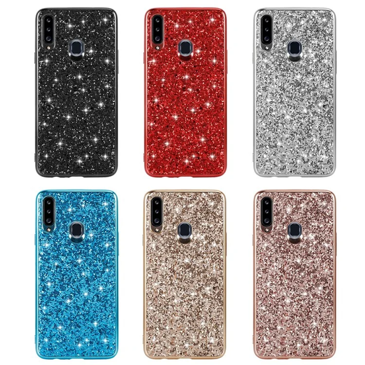 Sparkle Sequins Electroplating TPU Frame+PC Phel Protective Case Para Samsung Galaxy A20s - Rojo