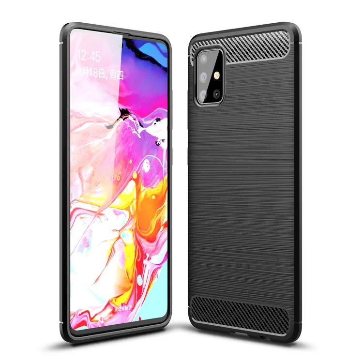 Textura de Fibra de Carbono Case TPU Cepillado Para Samsung Galaxy A51, Protector de Teléfono a Prueba de Choques de Servicio Pesado - Negro