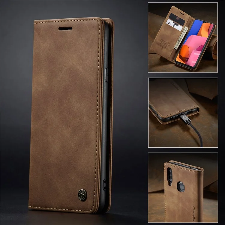 CASEME 013 Series Auto-absorbed Leather Wallet Case with Stand for Samsung Galaxy A20s - Brown