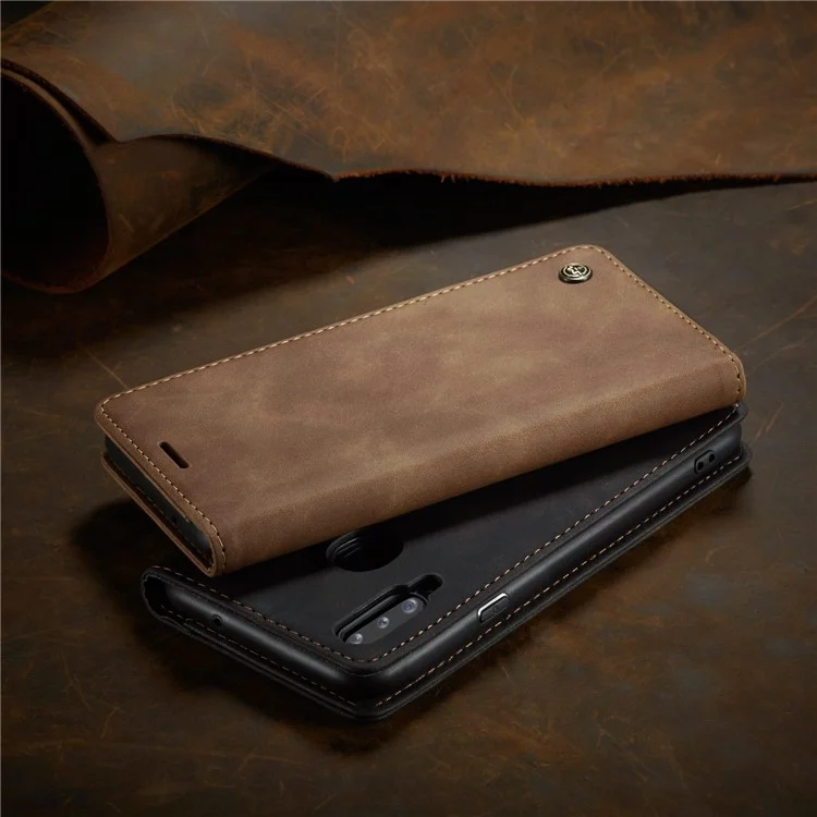 CASEME 013 Series Auto-absorbed Leather Wallet Case with Stand for Samsung Galaxy A20s - Brown