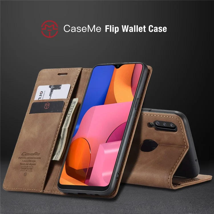 CASEME 013 Series Auto-absorbed Leather Wallet Case with Stand for Samsung Galaxy A20s - Brown