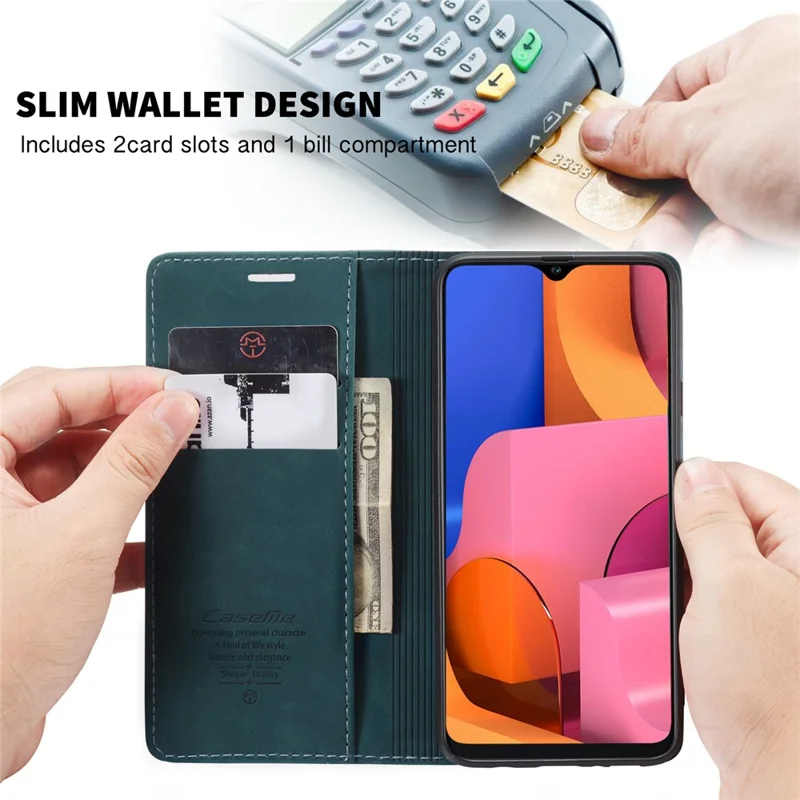 CASEME 013 Series Auto-absorbed Leather Wallet Case with Stand for Samsung Galaxy A20s - Blue