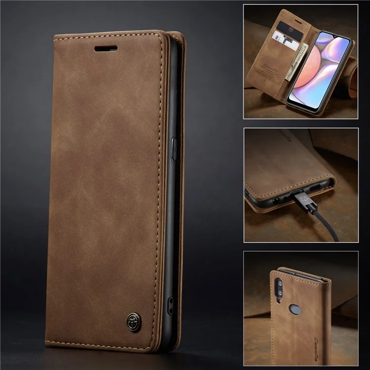 CASEME 013 Series Auto-absorbed Leather Wallet Case with Stand Phone Cover for Samsung Galaxy A10s - Brown