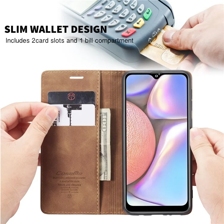 CASEME 013 Series Auto-absorbed Leather Wallet Case with Stand Phone Cover for Samsung Galaxy A10s - Brown