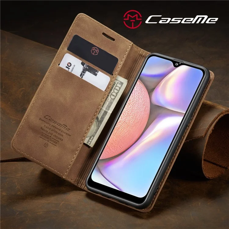 CASEME 013 Series Auto-absorbed Leather Wallet Case with Stand Phone Cover for Samsung Galaxy A10s - Brown