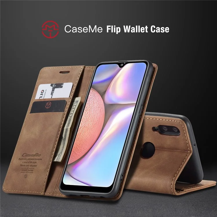 CASEME 013 Series Auto-absorbed Leather Wallet Case with Stand Phone Cover for Samsung Galaxy A10s - Brown