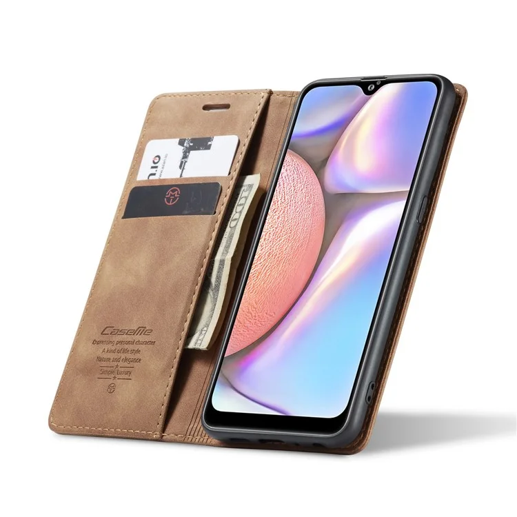 CASEME 013 Series Auto-absorbed Leather Wallet Case with Stand Phone Cover for Samsung Galaxy A10s - Brown