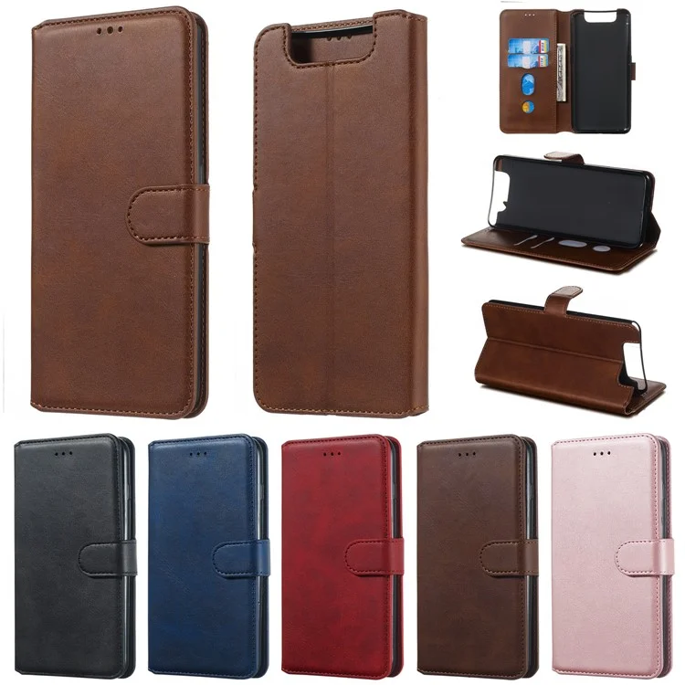 Classic Wallet Leather Stand Phone Cover Casing for Samsung Galaxy A80/A90 - Brown