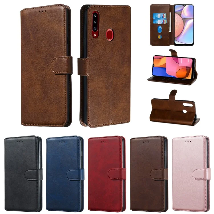 For Samsung Galaxy A20s Solid Color Protective Leather Wallet Cover Shell - Brown