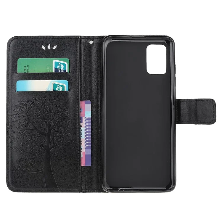 Per Samsung Galaxy A51 Imprint Tree Owl Wallet Casella Protettiva in Pelle - Nero