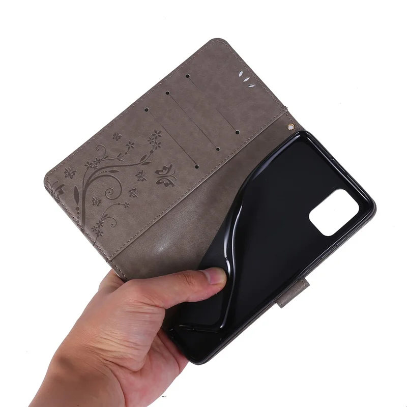 Imprint Butterflies Wallet Stand Flip Leather Phone Shell for Samsung Galaxy A51 - Grey