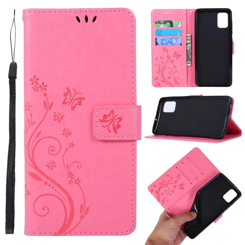 Imprint Butterflies Wallet Stand Flip Leather Phone Shell for Samsung Galaxy A51 - Pink