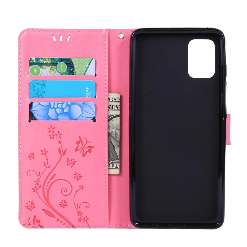 Imprint Butterflies Wallet Stand Flip Leather Phone Shell for Samsung Galaxy A51 - Pink