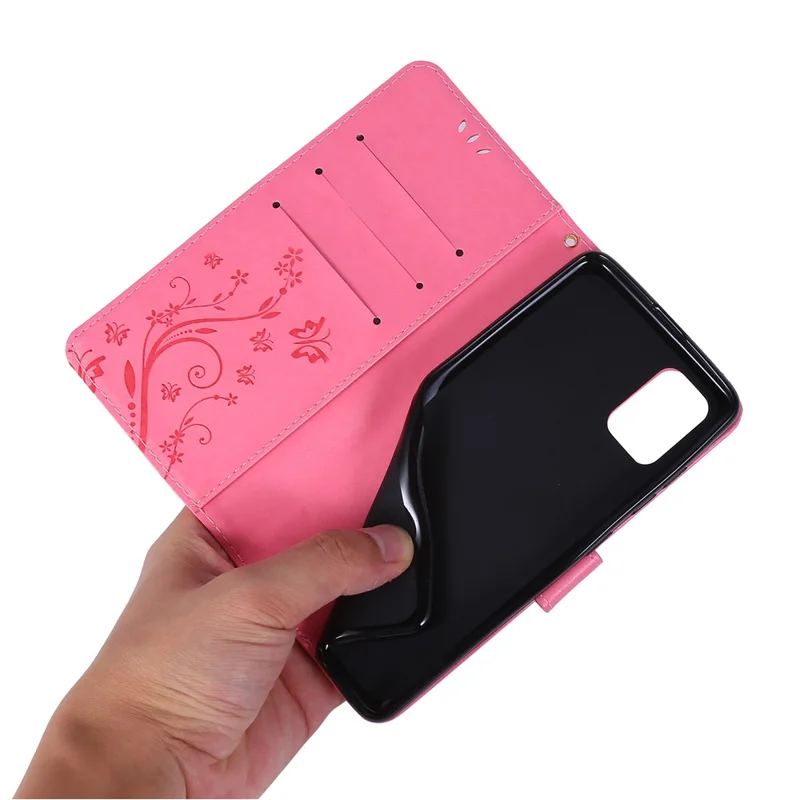 Imprint Butterflies Wallet Stand Flip Leather Phone Shell for Samsung Galaxy A51 - Pink
