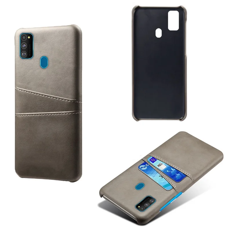Пластиковый чехол, покрытый кожей PU, с двумя слотами для карт для Samsung Galaxy M30s/M21 - серый