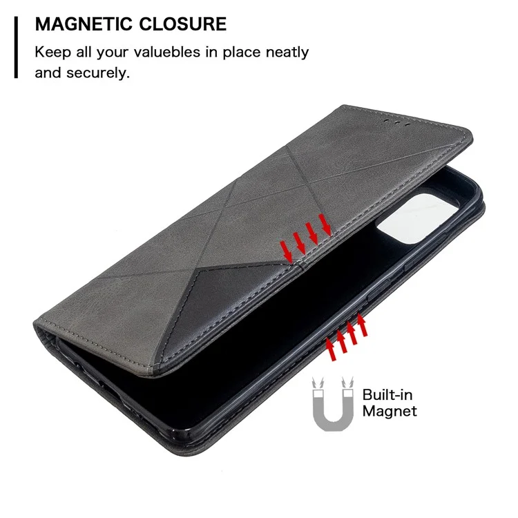 Estuche de Cuero de Patrón Geométrico Con Ranuras Para Tarjetas Para Samsung Galaxy A51 - Gris