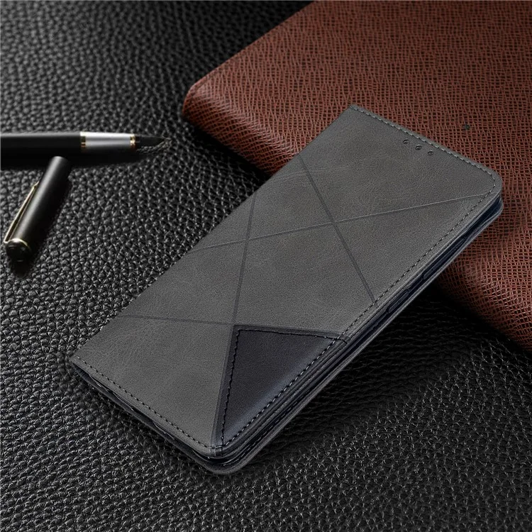 Estuche de Cuero de Patrón Geométrico Con Ranuras Para Tarjetas Para Samsung Galaxy A51 - Gris