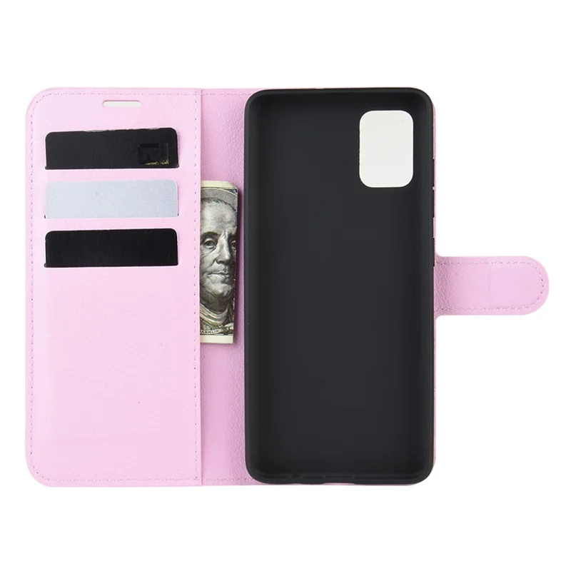 Litchi Skin PU Leather Wallet Phone Case Magnetic Closure Shockproof Flip Stand Cover for Samsung Galaxy A51 4G - Pink