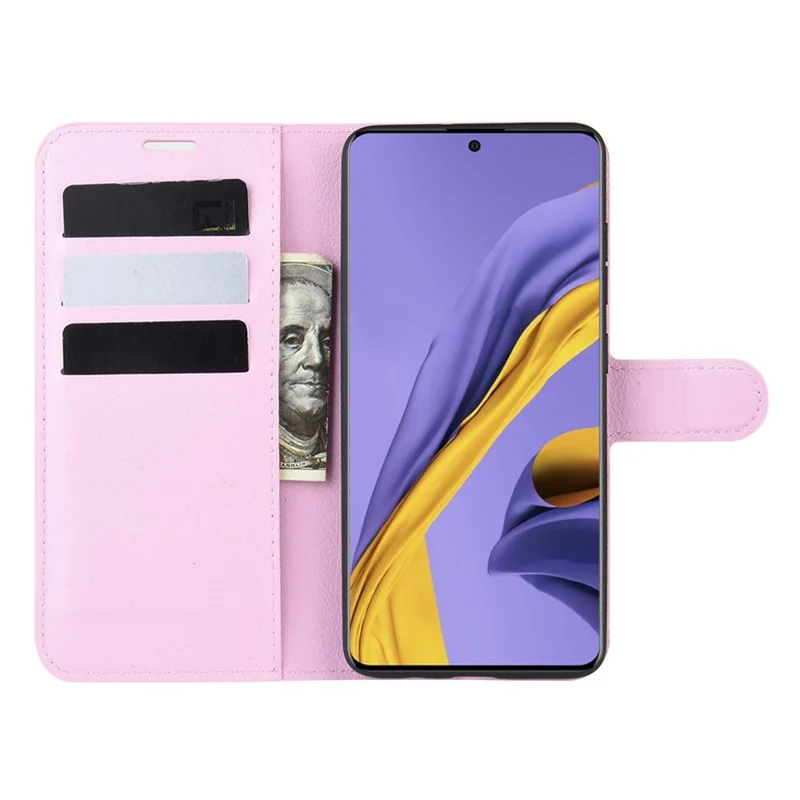 Litchi Skin PU Leather Wallet Phone Case Magnetic Closure Shockproof Flip Stand Cover for Samsung Galaxy A51 4G - Pink