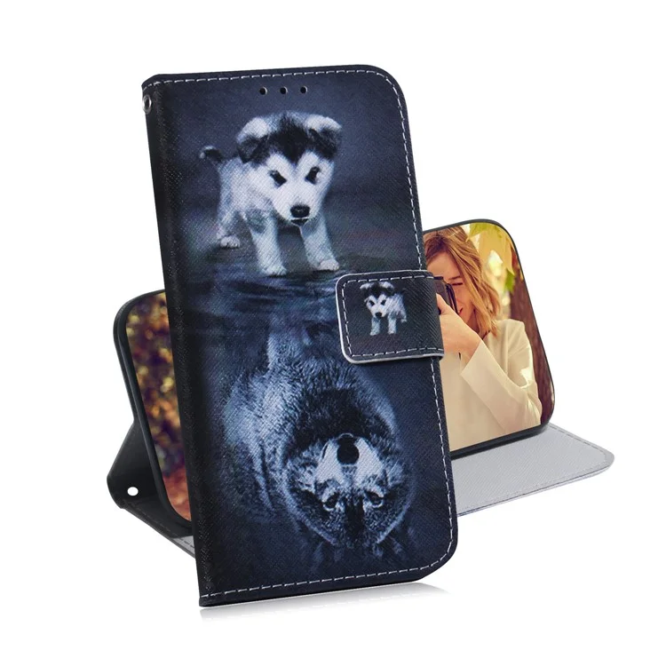 Funda de Cartera de Cuero de PU con Impresión de Patrón para Samsung Galaxy S20 4G/S20 5G - Reflejo de Perro y Tigre