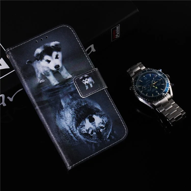 Funda de Cartera de Cuero de PU con Impresión de Patrón para Samsung Galaxy S20 4G/S20 5G - Reflejo de Perro y Tigre
