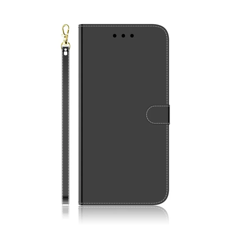 Mirror-like Surface Leather Wallet Cell Phone Case with Strap for Samsung Galaxy A51 - Black