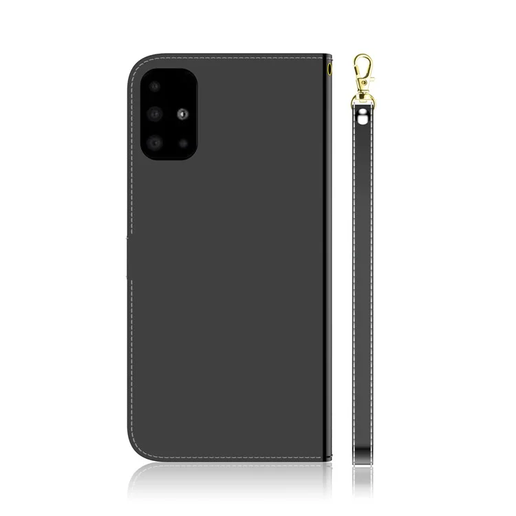 Mirror-like Surface Leather Wallet Cell Phone Case with Strap for Samsung Galaxy A51 - Black