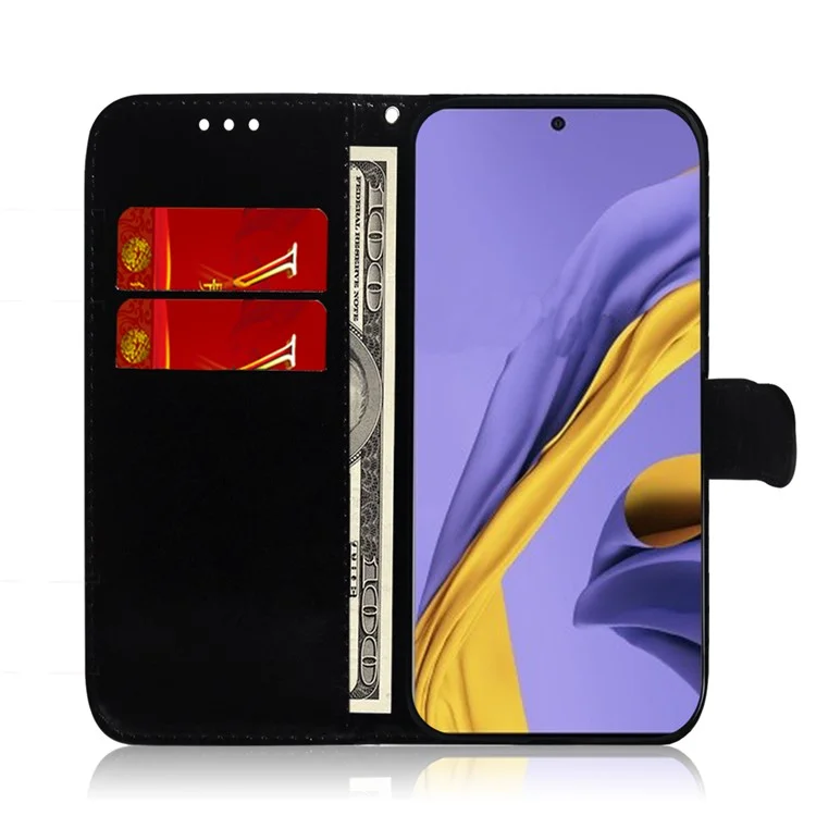 Mirror-like Surface Leather Wallet Cell Phone Case with Strap for Samsung Galaxy A51 - Black