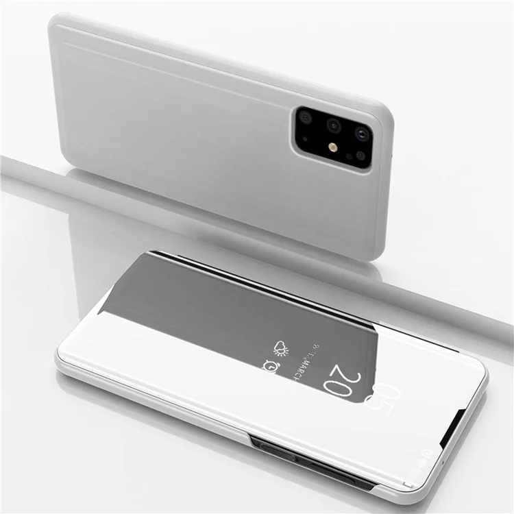 View Window Vertical Mirror for Samsung Galaxy S20 Plus Leather Phone Case - Silver