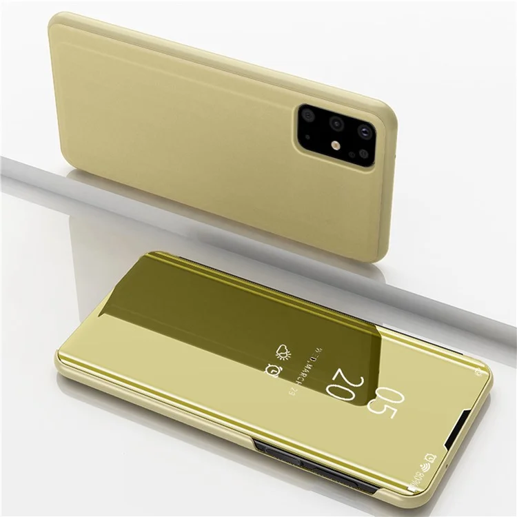 View Window Vertical Mirror for Samsung Galaxy S20 Plus Leather Phone Case - Gold