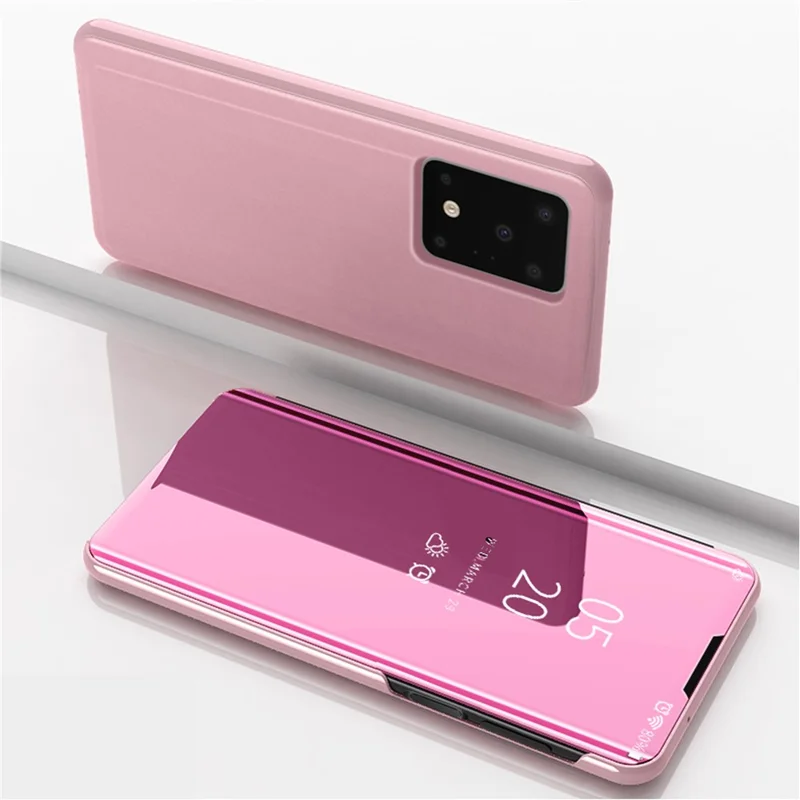 Mirror Electroplating View Window Leather Stand Case for Samsung Galaxy S20 Ultra - Rose Gold