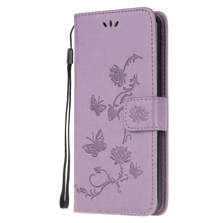 For Samsung Galaxy S20 Plus Imprint Butterfly Flower Wallet Leather Mobile Cover - Light Purple