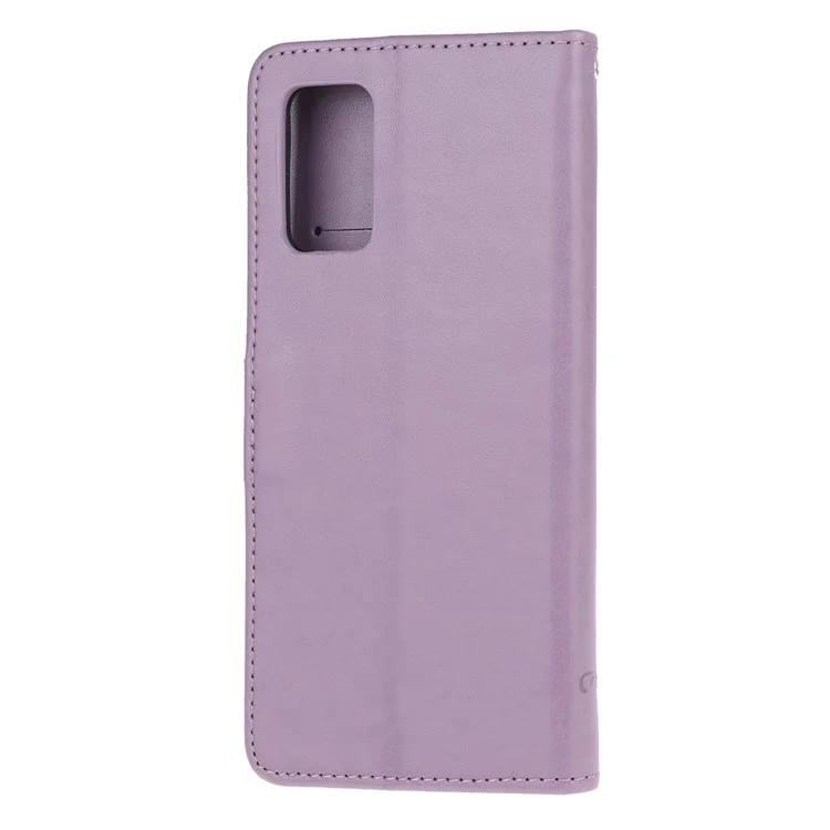 For Samsung Galaxy S20 Plus Imprint Butterfly Flower Wallet Leather Mobile Cover - Light Purple