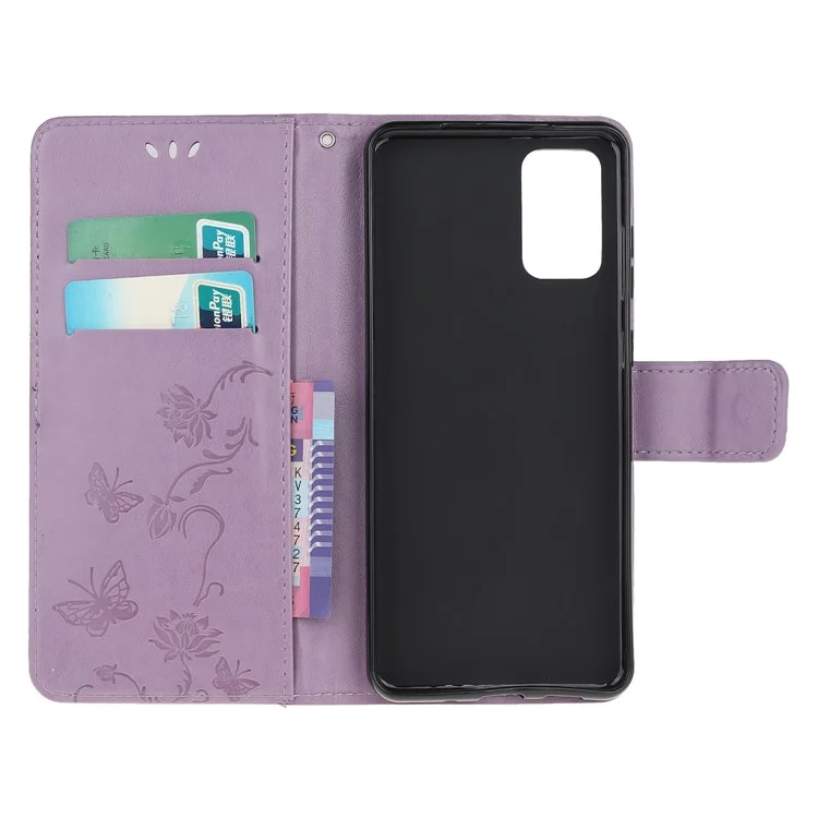 For Samsung Galaxy S20 Plus Imprint Butterfly Flower Wallet Leather Mobile Cover - Light Purple