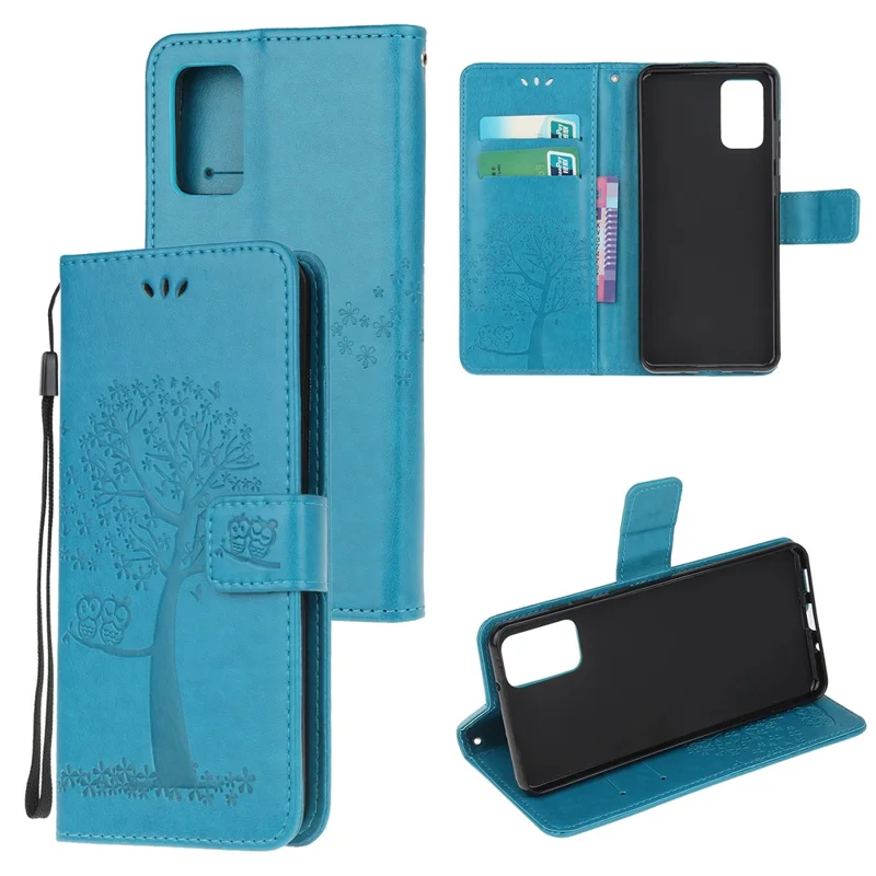 Imprint Tree Owl Leather Wallet Phone Shell for Samsung Galaxy S20 4G/S20 5G - Blue