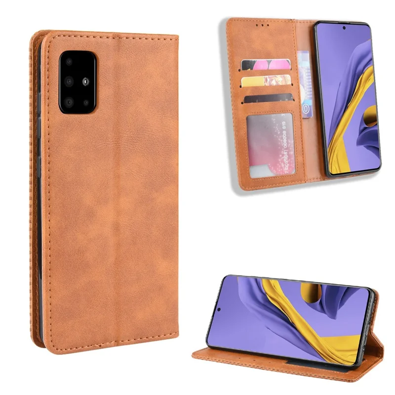 Auto-absorbed Vintage Leather Wallet Phone Casing for Samsung Galaxy S20 Plus - Brown