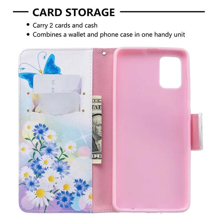 Estuche de Billetera de Cuero de Impresión de Patrones Para Samsung Galaxy A51 - Mariposa Azul y Flores