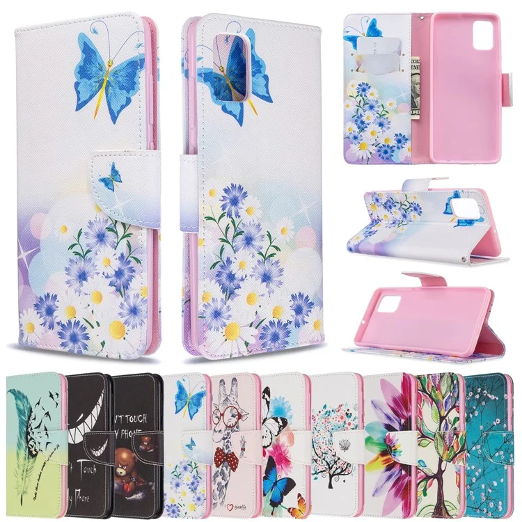 Estuche de Billetera de Cuero de Impresión de Patrones Para Samsung Galaxy A51 - Mariposa Azul y Flores