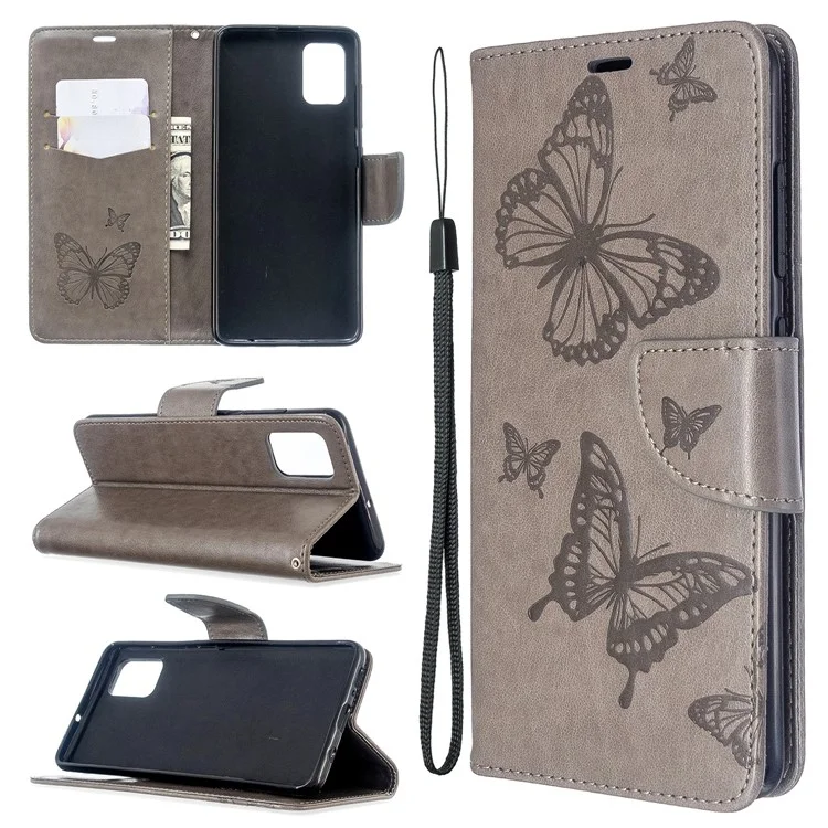 Imprint Butterfly Wallet Leather Stand Case for Samsung Galaxy A51 - Grey