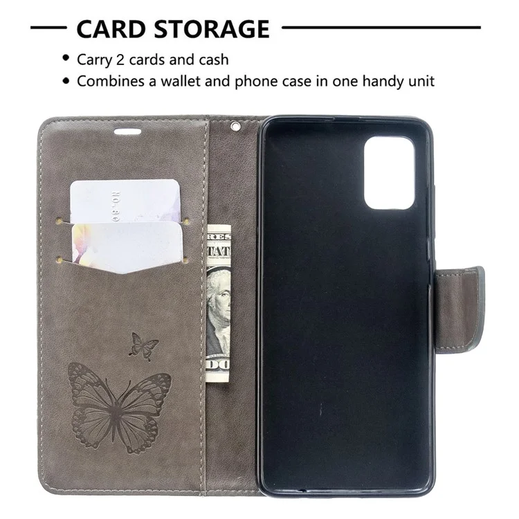 Imprint Butterfly Wallet Leather Stand Case for Samsung Galaxy A51 - Grey