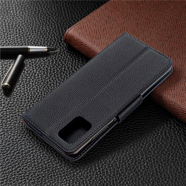 Case de Portefeuille en Cuir Litchi Skin Pour Samsung Galaxy A51 - le Noir