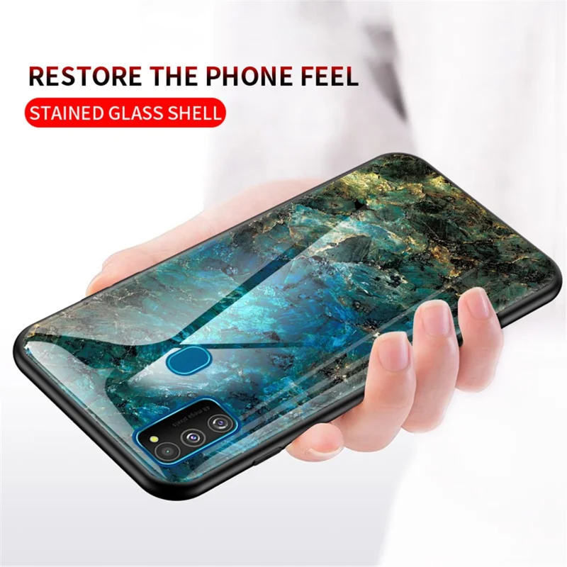 Marble Grain Pattern Tempered Glass PC + TPU Combo Case for Samsung Galaxy M30s/M21 - Emerald