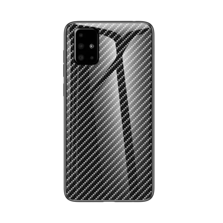 Étui Combo en Fibre de Carbone Texture Verre Trempé + PC + TPU pour Samsung Galaxy A51 - Fibre Noire