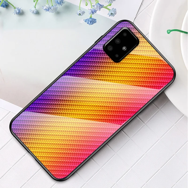 Carbon Fiber Texture Tempered Glass + PC + TPU Combo Casing for Samsung Galaxy A51 - Golden Fiber