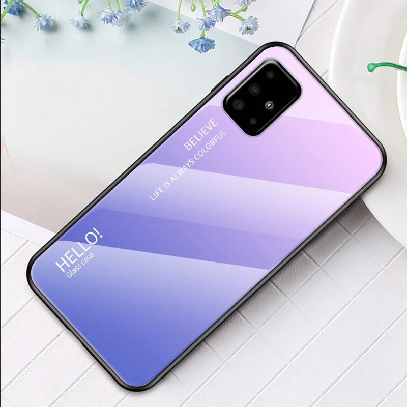 Gradient Color Tempered Glass + PC + TPU Hybrid Case for Samsung Galaxy A51 - Pink/Light Purple