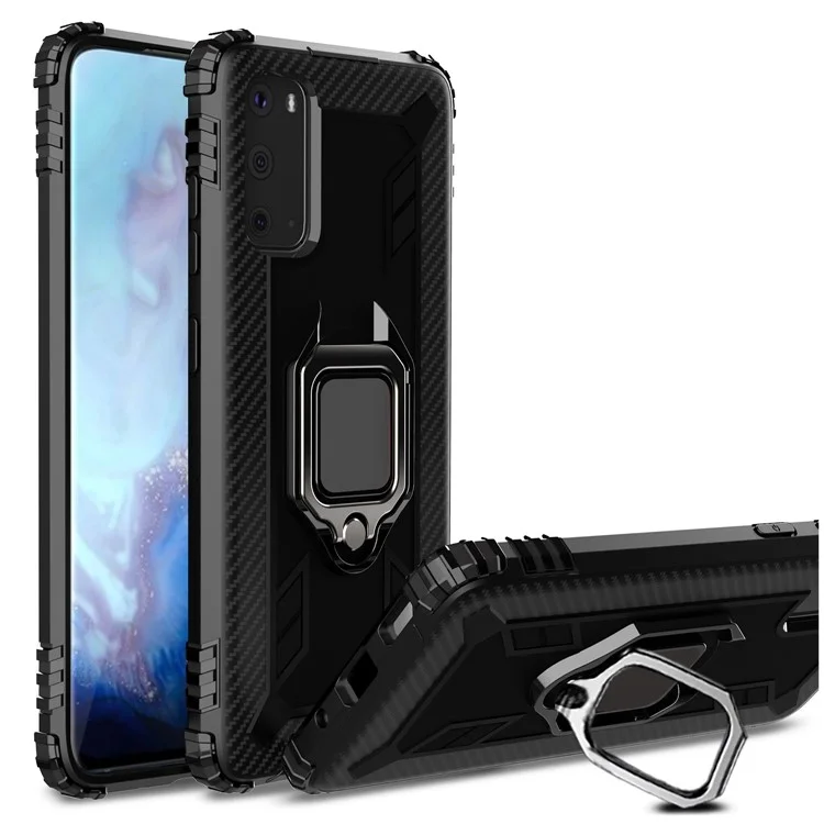 Shockproof TPU Cover with Finger Ring Kickstand Case for Samsung Galaxy S20 Plus - Black