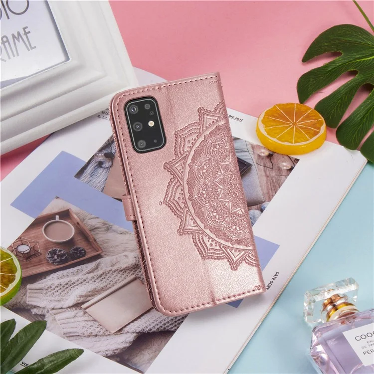Capa de Couro com Relevo de Flor Mandala para Samsung Galaxy S20 Plus - Rose Gold
