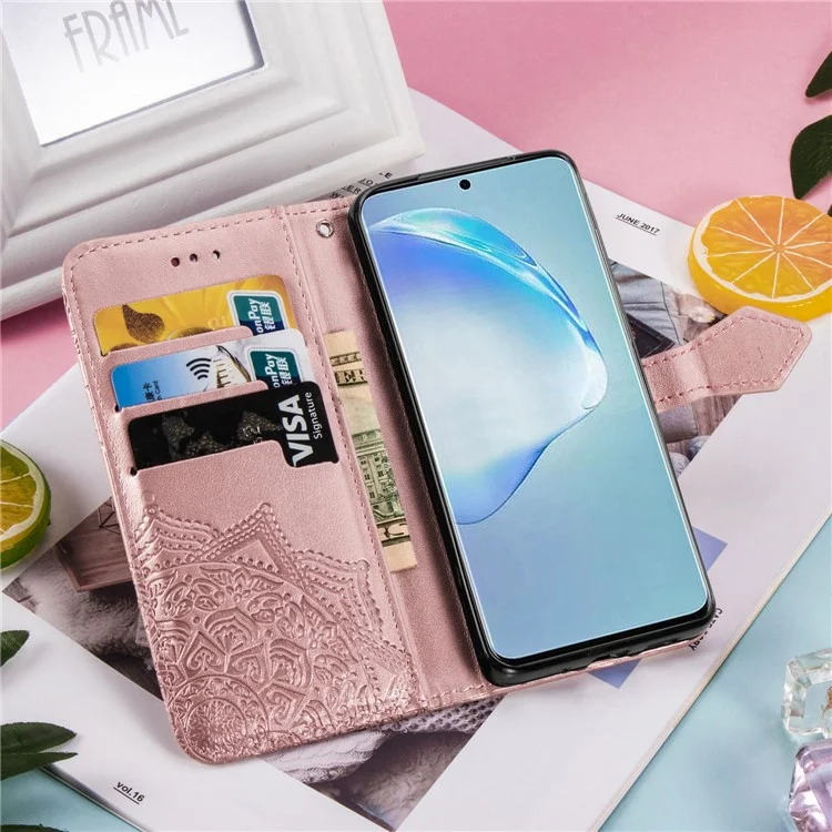 Capa de Couro com Relevo de Flor Mandala para Samsung Galaxy S20 Plus - Rose Gold