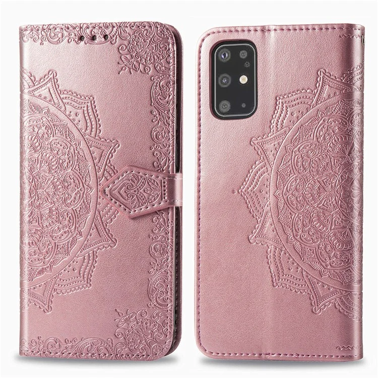 Capa de Couro com Relevo de Flor Mandala para Samsung Galaxy S20 Plus - Rose Gold