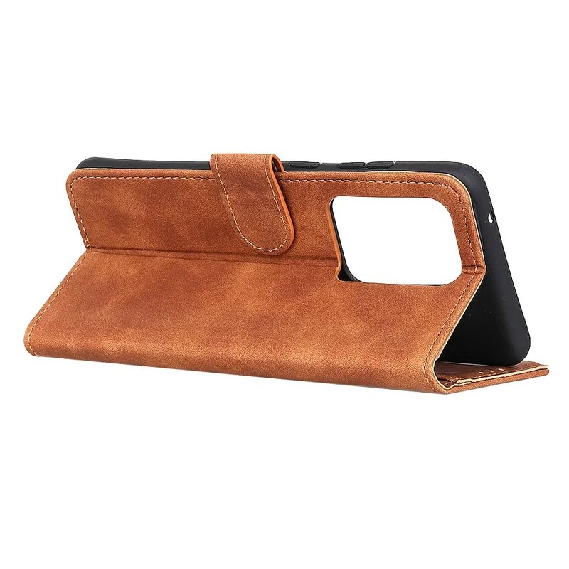 KHAZNEH Retro Leather Wallet Cover Magnetic Phone Shell for Samsung Galaxy S20 Ultra - Brown
